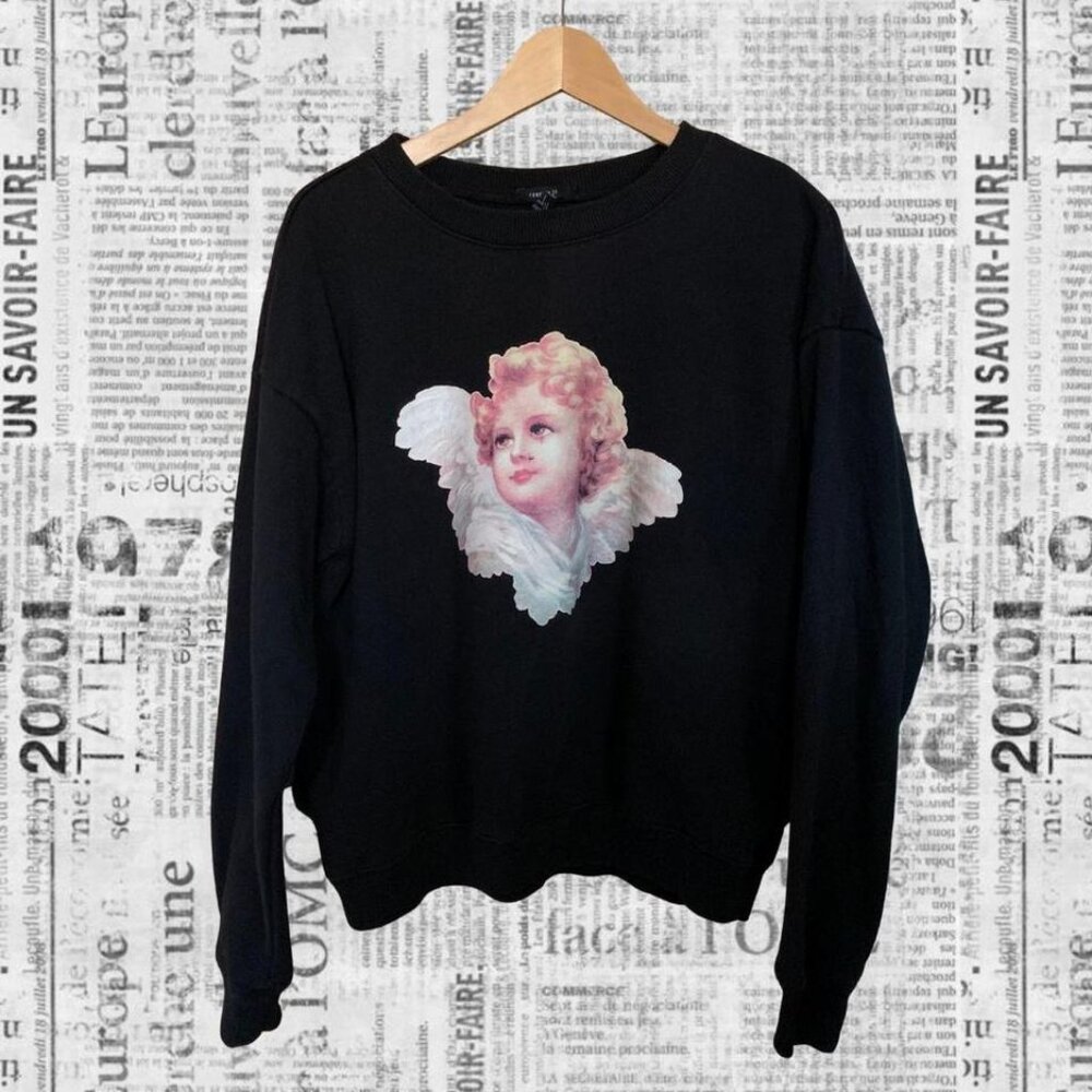 Black oversized crew neck sweatshirt with vinyl cherub graphic